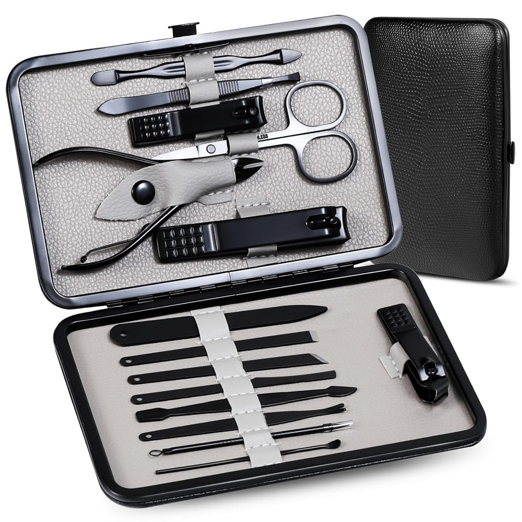 High Precision Stainless Steel Nail Clippers Set - 15 Pcs Manicure Pedicure Kit With File, Sharp Scissors, and Cutter for Fingernails & Toenails - Stylish Light Gray Case