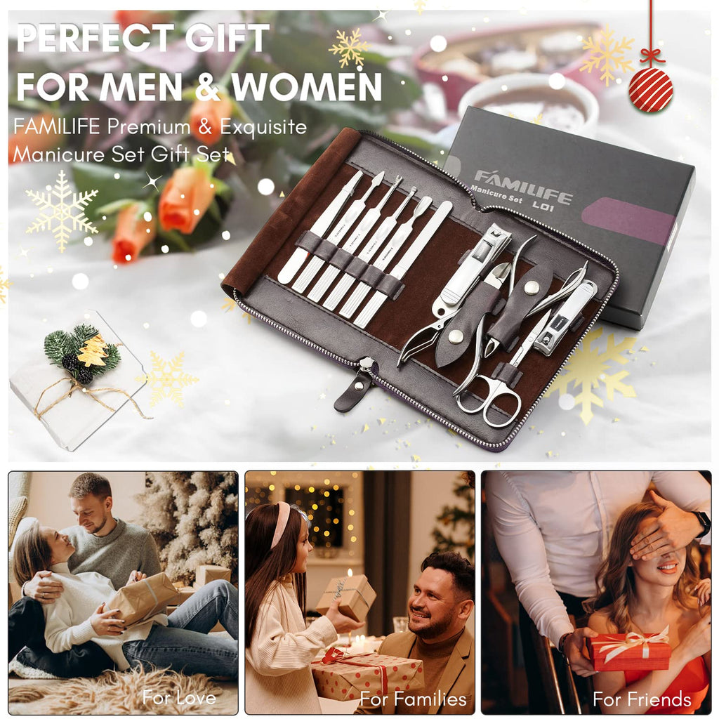 FAMILIFE Manicure Set, Nail Clippers Set Professional Manicure Kit 11 in 1 Stainless Steel Pedicure Tools Nail Kit Mens Grooming Tool with Portable Leather Travel Case Dark Violet Birthday Gifts