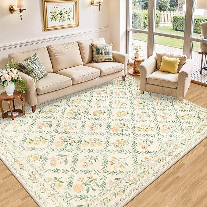 10x14 Area Rugs for Living Room: Floral Washable Rug Vintage Large Soft Boho Non-Slip Carpet Stain Resistant Low Pile Carpets for Bedroom Dining Room Farmhouse Nursery Hallway Home Office Beige/Multi-BubblyBeeBaby