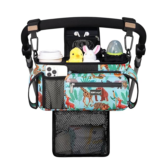 TOPDesign Universal Baby Stroller Organizer, Stroller Caddy with Detachable Mesh Bag & Heightened Insulated Cup Holders & Non-Slip Secure Hooks Accessories, Fits Most Strollers (Tropical Rainforest)-BubblyBeeBaby