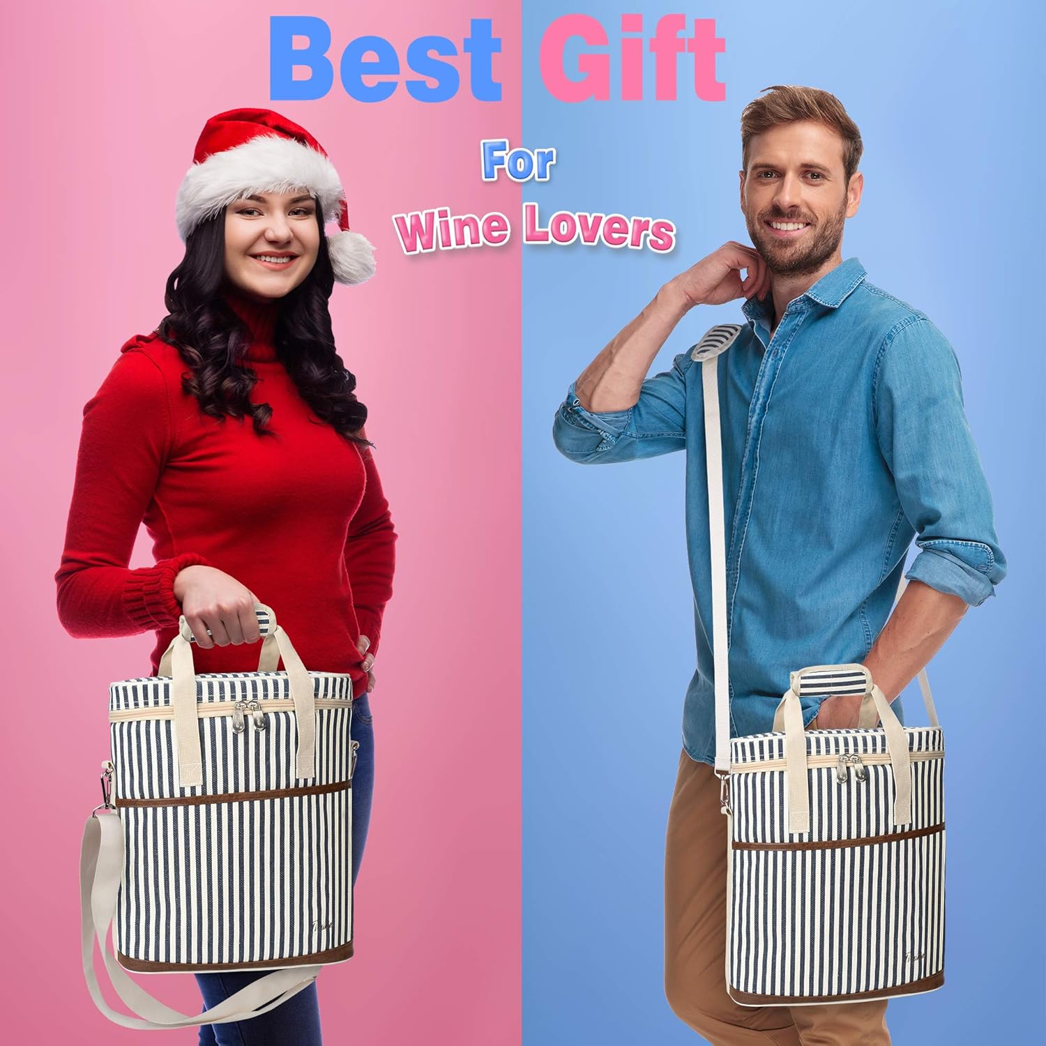Tirrinia Insulated Wine Gift carrier - 3 Bottle Travel Padded Wine Carry Cooler Tote Bag with Handle and Adjustable Shoulder Strap, Stripe