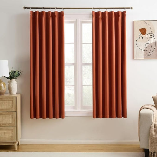 KEQIAOSUOCAI Burnt Orange Blackout Pleated Curtains Short 2 Panels Set 45 Inch Length for Small Windows, Pinch Pleat with Hooks, Boho Muted Ochre Orange Curtain for Bedroom W40 x L45-BubblyBeeBaby