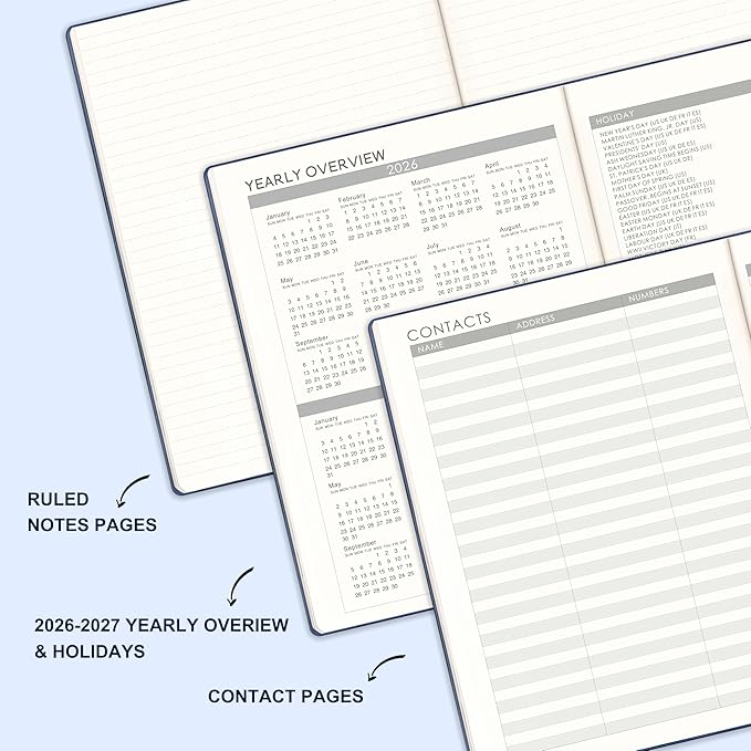 2026 Planner - Weekly and Monthly Planner 2026, JAN 2026 - DEC 2026, 8.5" x 11", Leather Cover 2026 Planners with Thick Paper, Back Pocket with Notes Pages - Blue-BubblyBeeBaby