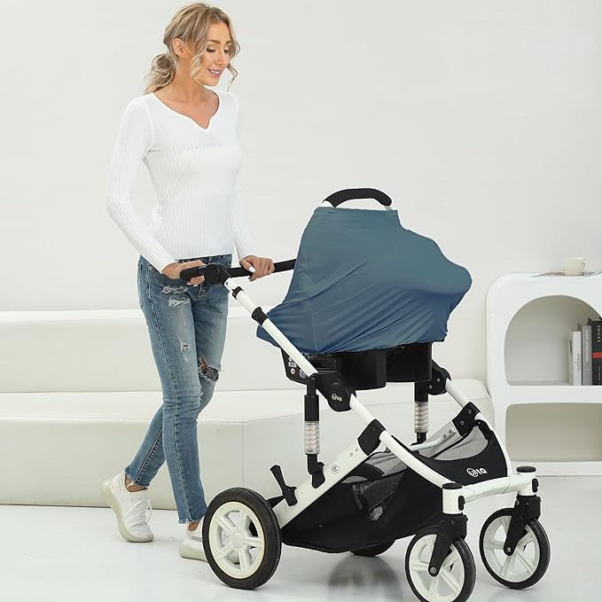 Breathable Car Seat Cover for Babies – Multi-Purpose Soft Rayon Nursing Cover for Breastfeeding, High Stretchy Infant Carseat Canopy, Stroller Cover (Smooth Rayon, Blue)-BubblyBeeBaby