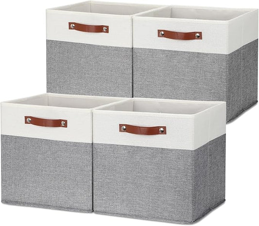 HNZIGE Foldable Storage Bins 13x13 Storage Cubes Set of 4 Fabric Linen Storage Baskets for Shelves Drawer with Handles Organizer for Shelves Toy Nursery Closet Bedroom-BubblyBeeBaby