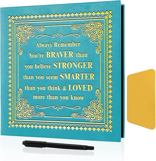 Inspirational Leather Photo Album,Magnetic Self-Stick Page Photo Album,Family Album,Hand Made DIY Albums Holds 3x5, 4x6, 5x7, 6x8 Photos (light blue-always remember)-BubblyBeeBaby