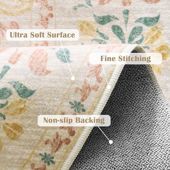 jinchan Round Rug 5ft Area Rugs Vintage Floral Distressed Design,Machine Washable Soft Non-Slip Low-Pile Ultra-Thin Circle Rug for Entryway Living Room Dining Room Bedroom (5' Round,Apricot Multi)-BubblyBeeBaby