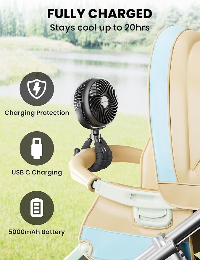 AMACOOL Baby Stroller Fan - 5000mAh Rechargeable, 3-Speed, Strong Yet Quiet, 360°Rotate Portable Clip on Fan for Travel, Car Seat, Crib, Bike, Treadmill, Beach Vacation Essentials-BubblyBeeBaby