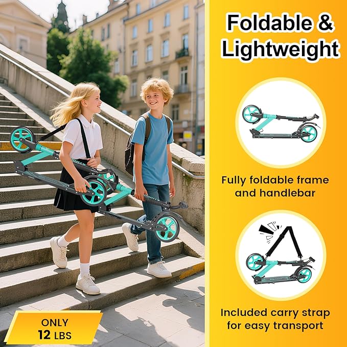Kick Scooter for Kids Teens & Adults, 4 Adjustable Heights, 8IN All Terrain Big Wheels, Dual Brakes & Dual Suspension, Foldable and Lightweight, Gifts for Girls Boys-BubblyBeeBaby