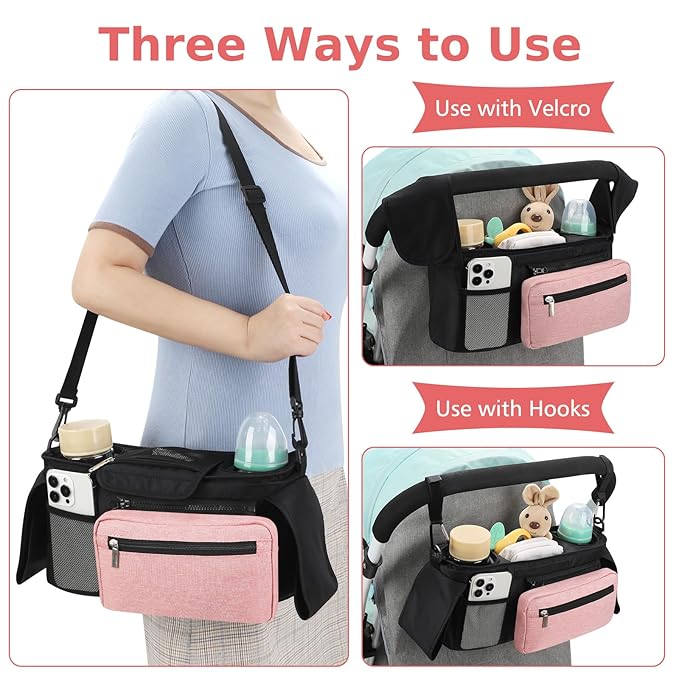 Accmor Universal Stroller Organizer with Insulated Cup Holder Detachable Phone Bag and Shoulder Strap,Stroller Bag Caddy Organizer Fits for Uppababy, Baby Jogger, Britax Strollers-BubblyBeeBaby