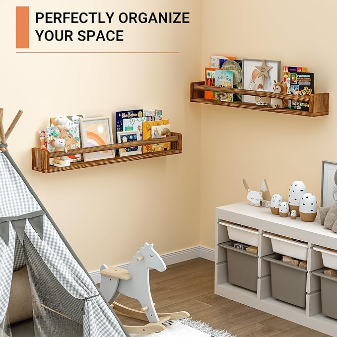 Heimlove 32 Inch Nursery Floating Shelves, Nursery Book Shelves for Wall, Wall Bookshelf for Kids Solid Wood Wall Mounted Shelves for Books,Toys and Decor Storage, Set of 2-BubblyBeeBaby