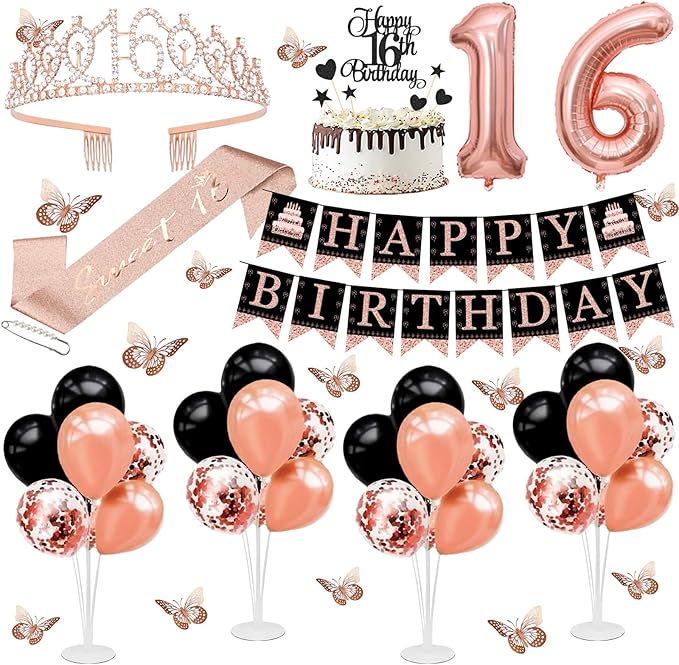 16th Birthday Decorations for Girls - 56pcs Rose Gold Happy 16th Banner, 16th Birthday Crown Sash, Cake Topper, Number 16 balloons, 3D Butterflies, 4 Balloon Stands kits-BubblyBeeBaby