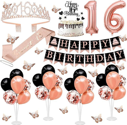 16th Birthday Decorations for Girls - 56pcs Rose Gold Happy 16th Banner, 16th Birthday Crown Sash, Cake Topper, Number 16 balloons, 3D Butterflies, 4 Balloon Stands kits-BubblyBeeBaby