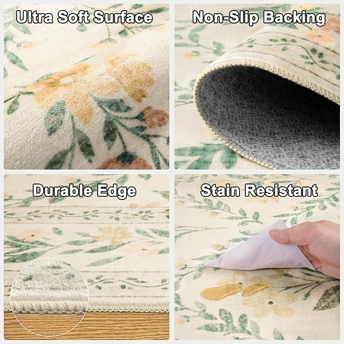 10x14 Area Rugs for Living Room: Floral Washable Rug Vintage Large Soft Boho Non-Slip Carpet Stain Resistant Low Pile Carpets for Bedroom Dining Room Farmhouse Nursery Hallway Home Office Beige/Multi-BubblyBeeBaby
