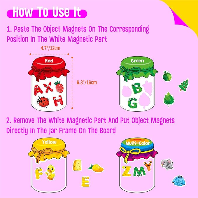 12 Pieces Magnetic Color Sorting Jars, 60 Color & Letter Magnets for Fridge Whiteboard, Early Educational Sorting Toy Set, Alphabet A-Z Learning Tool for Baby Toddlers Kids-BubblyBeeBaby