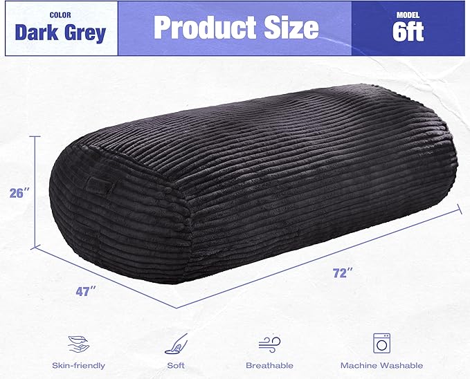 Hobestluk 6FT Bean Bag Chairs Adult Bean Bag with Portable Handle Comfy Large Bean Bag Lounge Chair with Removable Cover for Living Room Bedroom (Stripe Dark Grey, 6FT)-BubblyBeeBaby
