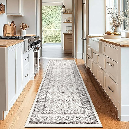 jinchan Hallway Runner Rug 2x10 - Machine Washable Beige Vintage Floral Distressed Design Soft Non-Slip Low-Pile Ultra-Thin Runner Rug for Kitchen Laundry Room Bedroom Farmhouse (2‘x10',Beige)-BubblyBeeBaby