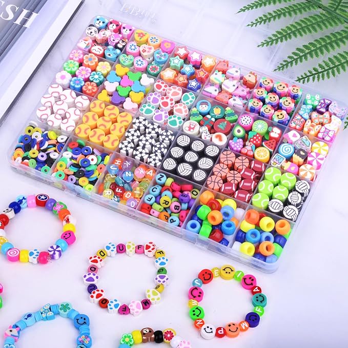 1000PCS Polymer Clay Beads Bracelet Making kit, 24 Style Cute Fun Sports Ball Beads Baseball Basketball Soccer Rugby Volleyball Football Charms, DIY Bracelet Making kit-BubblyBeeBaby
