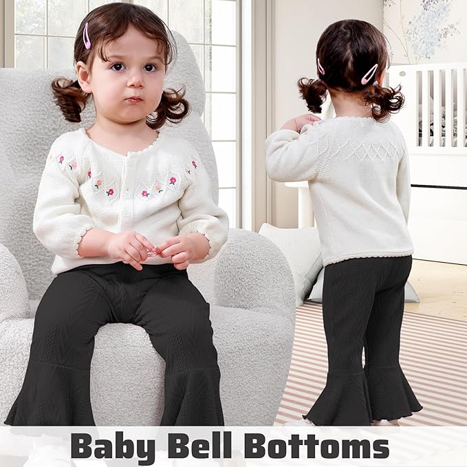 2 Pack Toddler Baby Girl Pants Flare Leggings Ribbed Knit Newborn Bell Bottoms Solid Ruffle Infant Pants for Girls-BubblyBeeBaby