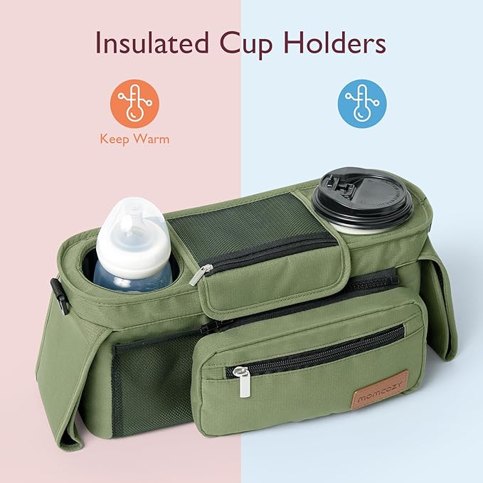 Momcozy Universal Stroller Organizer with Insulated Cup Holder Detachable Phone Bag & Shoulder Strap, Fits for Stroller like Uppababy, Baby Jogger, Britax, BOB, Umbrella and Pet Stroller-BubblyBeeBaby