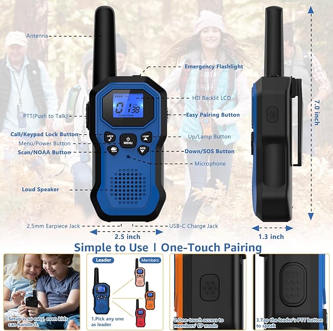 2 Way Radios for Adults Long Range Walkie Talkies for Kids Rechargeable 4 Pack, Camping Hiking Skiing Cruising Gear with Lamp, USB-C, SOS Siren, NOAA Alert, iVOX Hands-Free, One-Touch Pairing-BubblyBeeBaby