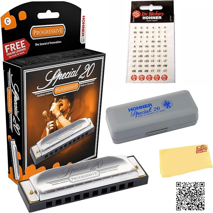 Hohner 560 Special 20 Harmonica - Key of F Bundle with Carrying Case, Key Stickers, Harmonica Beginner Online Manual, and Austin Bazaar Polishing Cloth-BubblyBeeBaby