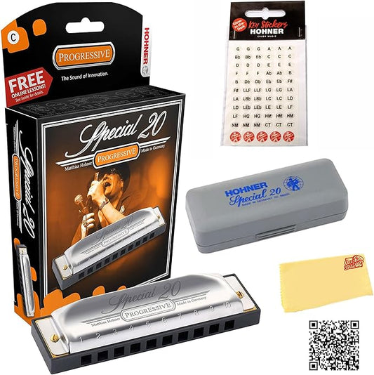 Hohner 560 Special 20 Harmonica - Key of F Bundle with Carrying Case, Key Stickers, Harmonica Beginner Online Manual, and Austin Bazaar Polishing Cloth-BubblyBeeBaby
