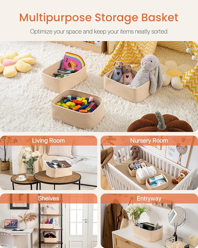 KALLAX Small Woven Basket, 12 x 8 x 4.5 Inches, Storage Basket for Organizing, Cute Small Rope Shelf Closet Cube Storage Bins Baskets for Shelves, Dog Toy Gift Baskets Empty, 3 Packs, Beige-BubblyBeeBaby