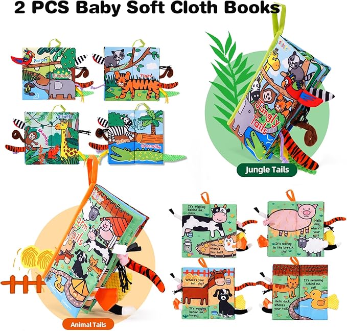 Jollybaby 2 PCS Sensory Touch and Feel Crinkle Books for Baby 0-6 Months, Jungle Farm Tails Montessori Car Set Toys for Tummy Time Newborn 6-12, Soft Fabric Cloth Books for Infant 1 Year Old Gift-BubblyBeeBaby