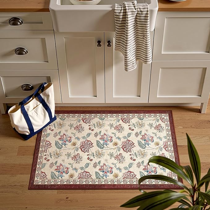 jinchan 2x3 Floral Rug for Entryway Washable Kitchen Rug Vintage Romance Design Small Mat Non Slip Indoor Doormat Lightweight Low-Profile Throw Carpet for Entrance Bathroom Laundry Room, Red/Beige-BubblyBeeBaby