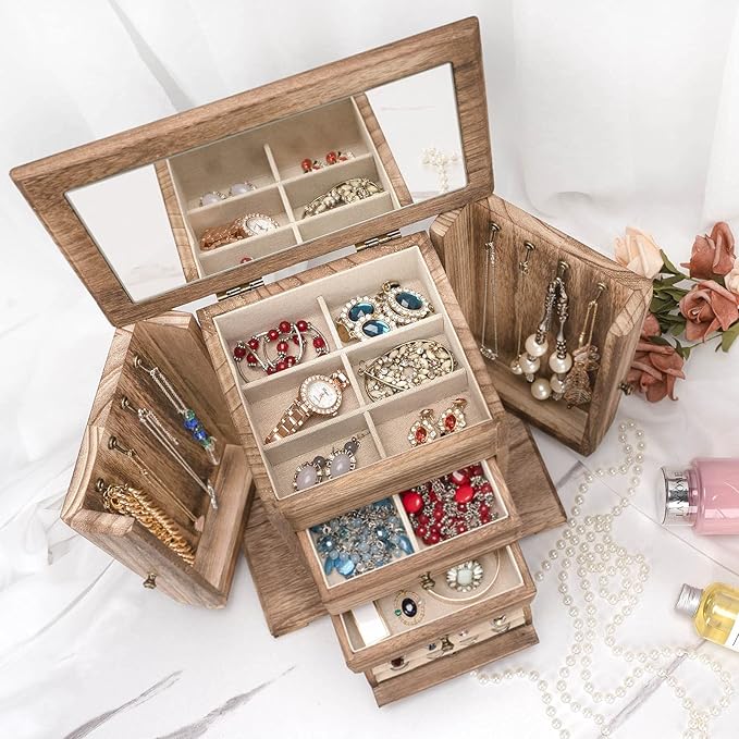 Jewelry Box for Women, Rustic Wooden Jewelry Boxes & Organizers with Mirror, 4 Layer Jewelry Organizer Box Display for Rings Earrings Necklaces Bracelets (Rustic Brown)-BubblyBeeBaby