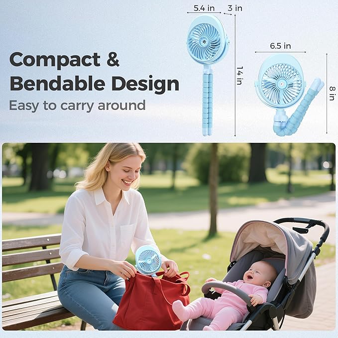 2025 Upgarded 4000mAh Misting Baby Stroller Fan, Rechargeable Battery Operated,Max 15Hrs Cooling,50ml Portable Water Sprayer Misting Fan with Flexible Tripod Clip on Car Seat Crib Treadmill Bunk Bed-BubblyBeeBaby