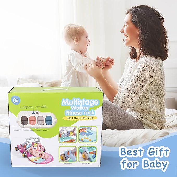 2 in 1 Baby Play Gym with Walker for Newborn, Baby Play Mat Activity Gym with 4 Infant Learning Sensory Tummy Time Mat for Infant Christmas Gifts Adjustable Height (Blue)-BubblyBeeBaby