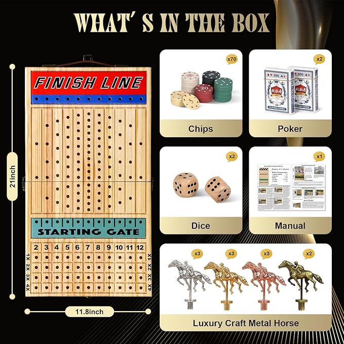 21 Inches Horse Racing Game, Horse Race Board Games with 11 Luxury Metal Horses,Thickened Wood Chessboard,Chips,Cards and Dice,Classic Wooden Table Top Board Games for Adults and Family-BubblyBeeBaby