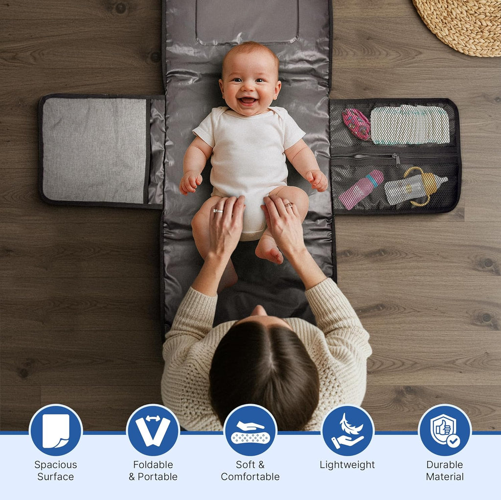 RELEONE Portable Diaper Changing Pad – Waterproof & Foldable Baby Changing Mat with Head Cushion, Travel-Friendly with Storage Pockets, Compact & Easy to Carry for On-The-Go Parents.