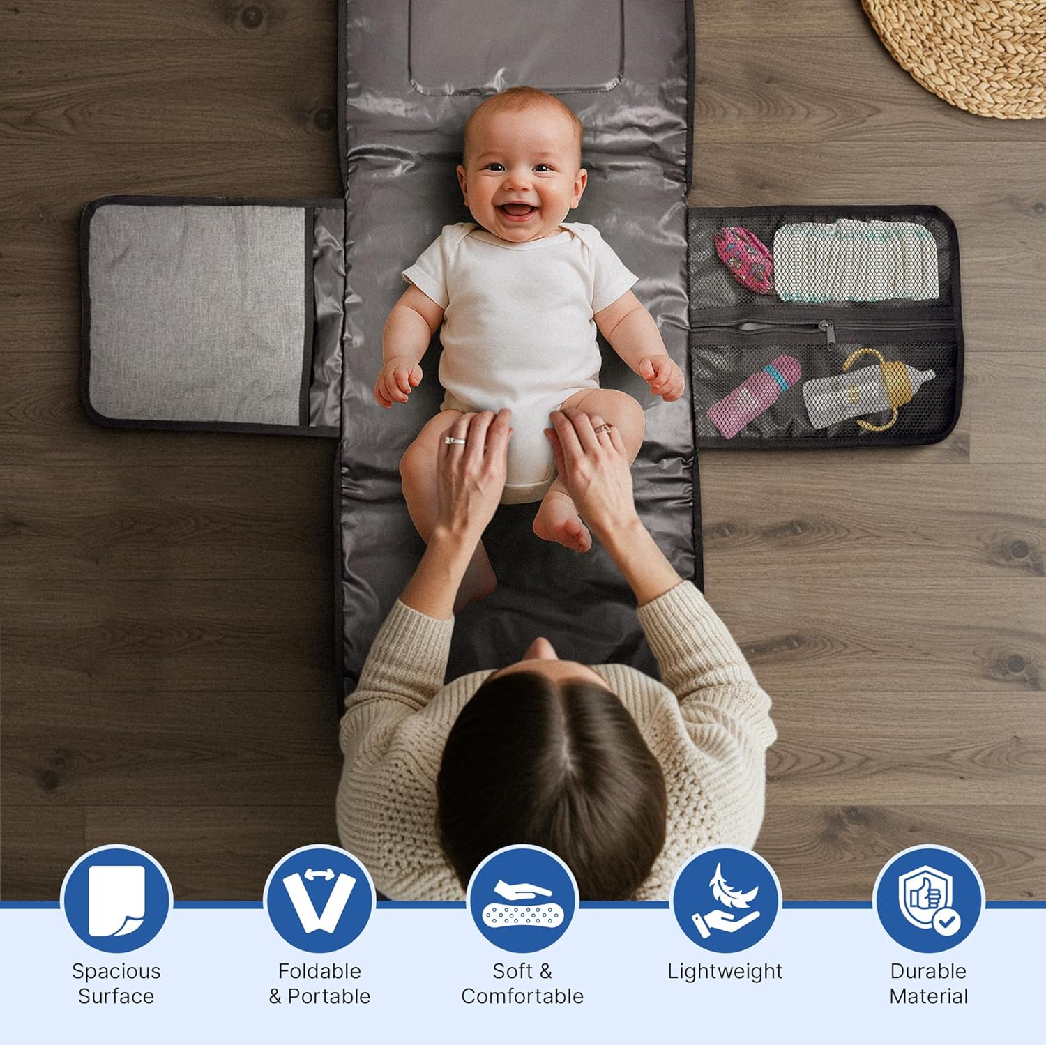 RELEONE Portable Diaper Changing Pad – Waterproof & Foldable Baby Changing Mat with Head Cushion, Travel-Friendly with Storage Pockets, Compact & Easy to Carry for On-The-Go Parents.
