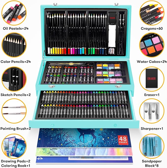 iBayam Art Supplies, 150-Pack Deluxe Wooden Art Set Crafts Drawing Painting Kit with 1 Coloring Book, 2 Sketch Pads, Creative Gift Box for Adults Artist Beginners Kids Girls Boys-BubblyBeeBaby