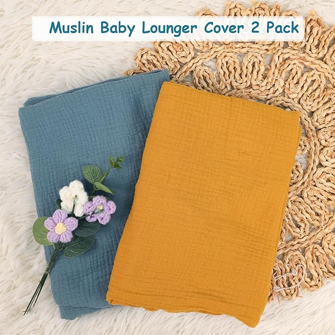 Hooyax Baby Lounger Cover 2 Pack - 100% Muslin Cotton Newborn Lounger Pillow Covers Only, Soft Breathable Infant Lounger Cover with Reinforced Stitching, Fits Most Standard Baby Loungers (Blue Ginger)-BubblyBeeBaby