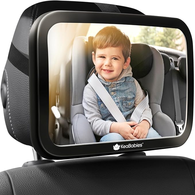 Large Shatterproof Baby Car Mirror, Backseat - Safety Car Seat Mirror for Baby Rear Facing, 360 Wide Crystal Clear View, Accessories for Removable Headrest, Easy Install & Adjustable (Sleek Black)-BubblyBeeBaby