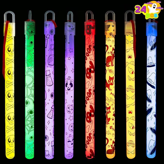 JOYIN 24 Pcs Halloween Glow Stick Hanging Wands in 8 Different Pattern Designs and 6 Colors for Kids Party Favors, Halloween Party Supplies, Glow in the Dark, Goodies Bags Fillers, Non Candy Treats-BubblyBeeBaby