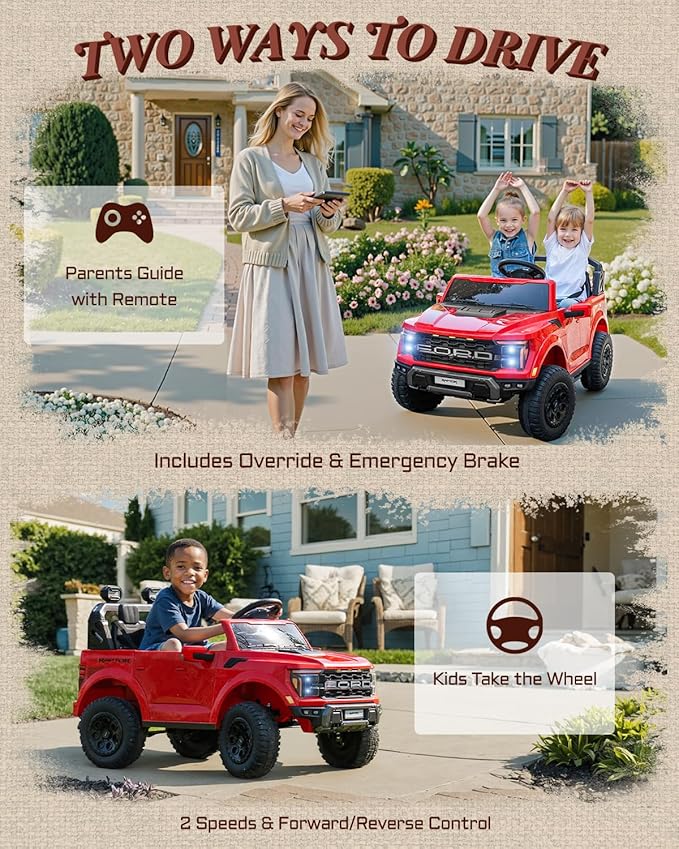 24V 2 Seater Ride on Toys for Kids, Licensed Ford F-150 Raptor Kids Electric Vehicles w/Remote Control, Power Pedal and Durable Wheels, LED Lights, Bluetooth, Truck Bed Storage (Red)-BubblyBeeBaby