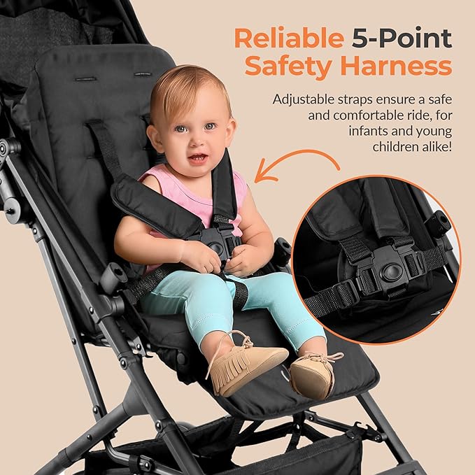Jovial Lightweight Baby Stroller, Folding Travel Stroller with Reclining Seat, Canopy, 5-Point Safety Harness, Storage Basket, Smooth Wheels, Compact Portable Design (39.8" x 18.7" x 32.3")-BubblyBeeBaby
