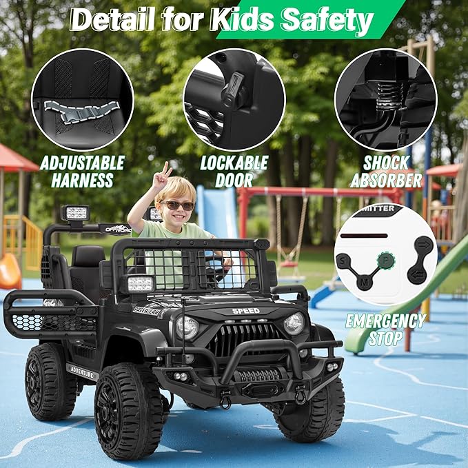 2 Seater Ride On Car Truck with Remote Control XL, Kids 24V Battery Powered Electric Vihicle w/21 in Seat, 3 Speeds, 2WD/4WD Switichable, Shock Absorbers,Bluetooth, Flower, Gift Choice-BubblyBeeBaby