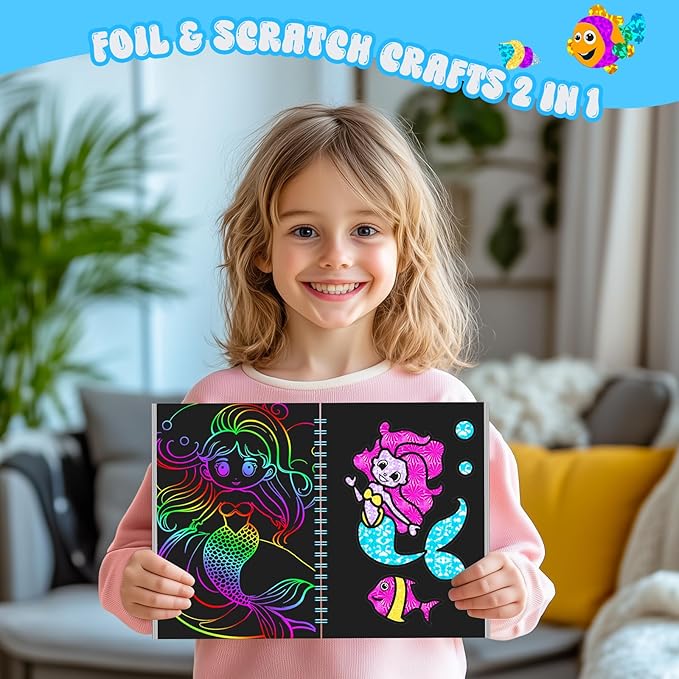 homicozy Art & Craft Activity for Kids - Foil Fun Mermaids & Scratch Art Book 2-in-1, No Mess Art Crafts for Girls,DIY Creative Activity Kit,Gifts for Girls Ages 4, 5, 6, 7, 8, 9, Travel Toys-BubblyBeeBaby