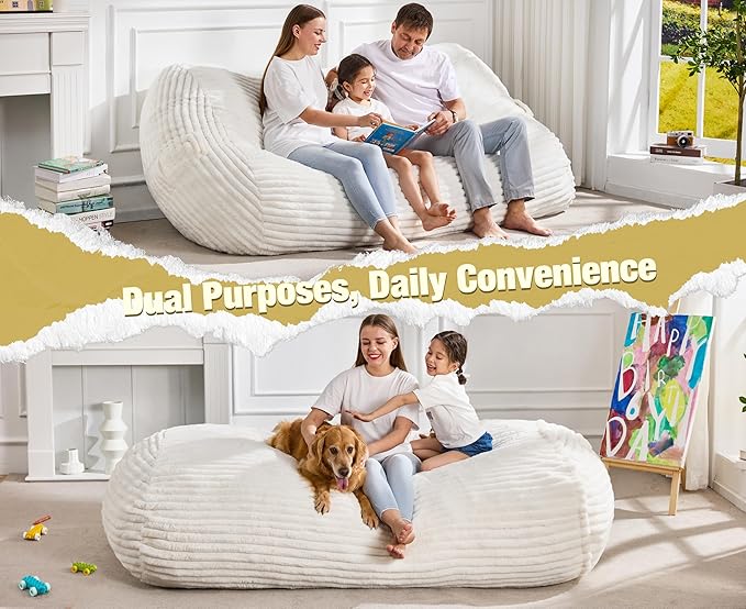 Hobestluk 6FT Bean Bag Chairs Adult Bean Bag with Portable Handle Comfy Large Bean Bag Lounge Chair with Removable Cover for Living Room Bedroom (Stripe White, 6FT)-BubblyBeeBaby