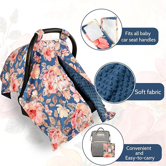 TANOFAR Car Seat Cover Baby, Carseat Covers Baby Boy Girl, Peekaboo Opening Infant Car Seat Cover for Winter, Warm & Cozy, Blue Floral-BubblyBeeBaby