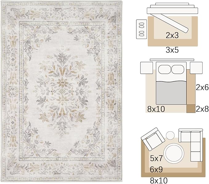 jinchan Vintage Floral 3x5 Area Rugs for Entryway - Machine Washable Distressed Design Ultra-Thin Low-Pile Soft Non-Shedding Carpet for Kitchen Bedroom Entrance Laundry Living Room (3x5ft,Light Grey)-BubblyBeeBaby