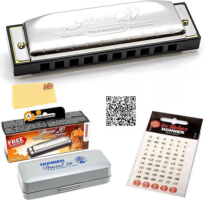 Hohner Special 20 Harmonica - Key of E Flat Bundle with Carrying Case, Key Stickers, Harmonica Beginner Online Manual, and Austin Bazaar Polishing Cloth-BubblyBeeBaby