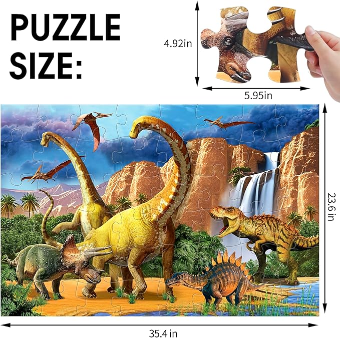 Jumbo Floor Puzzle for Kids,48 Piece Waterfall Dinosaur Large Jigsaw Puzzles, Fun Preschool Educational Toy for Toddlers Ages 3-5,Gift for Boy Girl Ages 4-8-BubblyBeeBaby