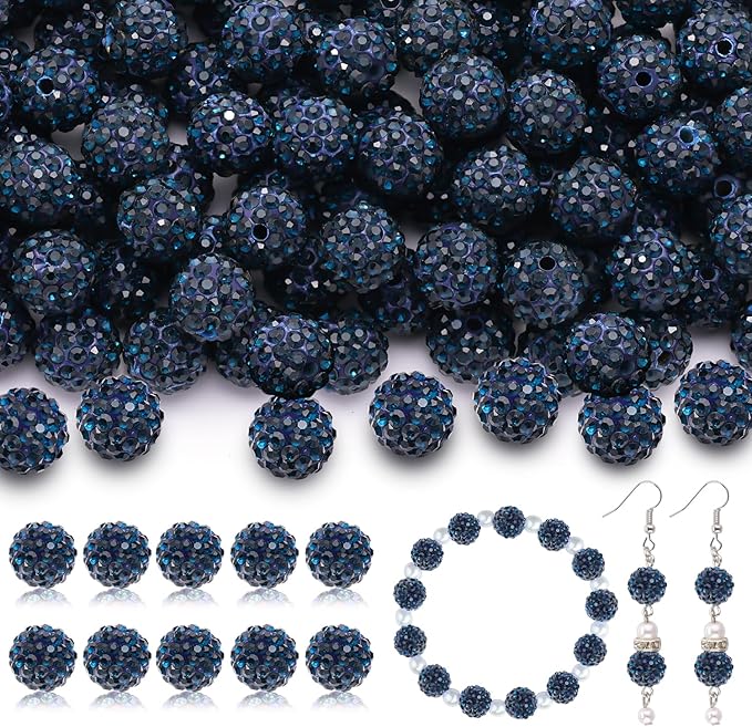 200pcs 10mm Rhinestone Beads for Jewelry Making, Blue Black Shiny Round Disco Ball Beads Bulk, Sparkle Crystal Clay Christmas for Bracelet Baseball Necklace Earring Crafting and DIY-BubblyBeeBaby